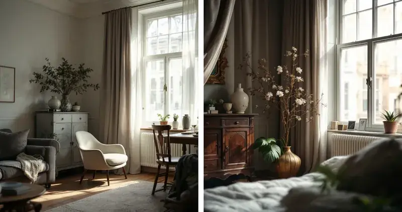 Simple room and an elegant room lit by the same soft window light (illustration)