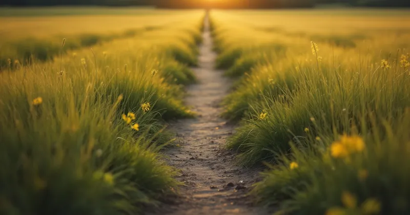 Path splitting into two through soft grass at dawn (illustration)