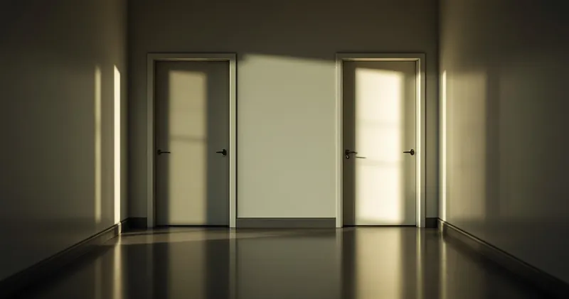 Two plain doors in a long corridor (illustration)