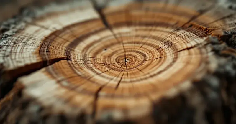 Growth rings in cut timber marking time (illustration)