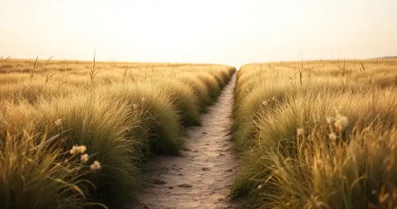 Short path and a long path through soft grass at golden hour (illustration)