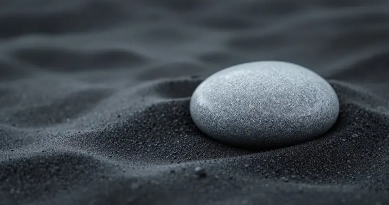 A smooth grey river stone lying on wet dark sand (illustration)