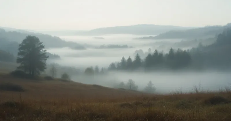 Morning mist rising from a quiet valley (illustration)