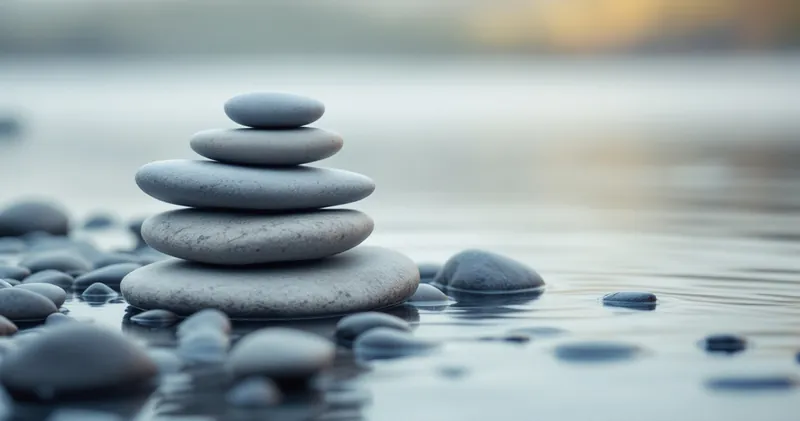 Stacked smooth stones beside still water (illustration)