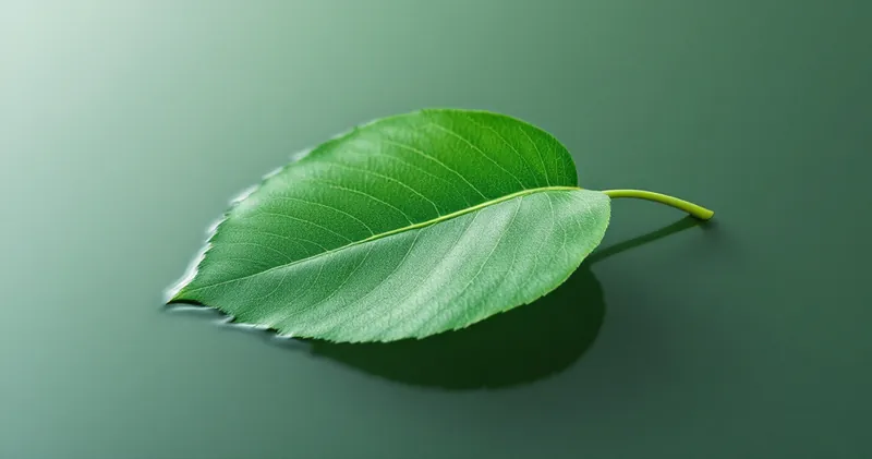 A single green leaf floating on still clear water (illustration)