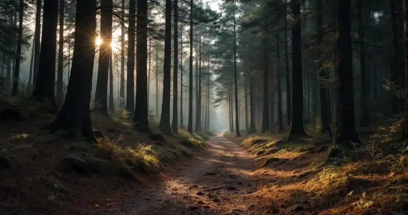 A quiet forest trail under tall pines at dawn (illustration)