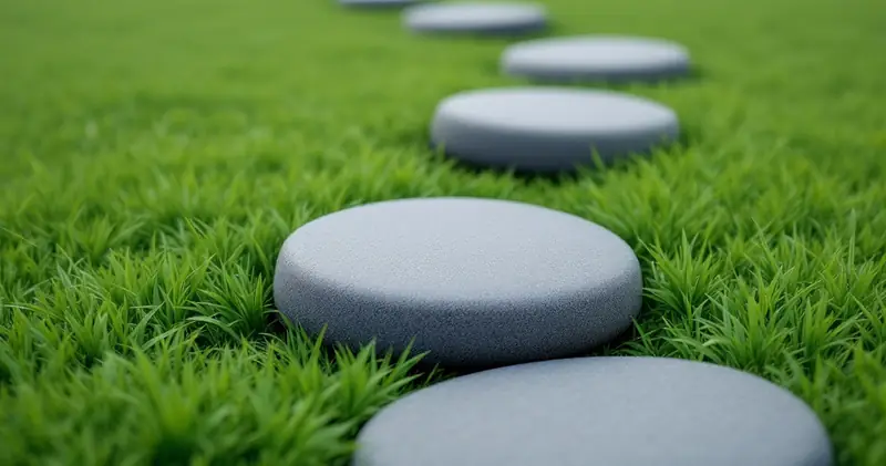 Flat grey stepping stones set into short green grass (illustration)