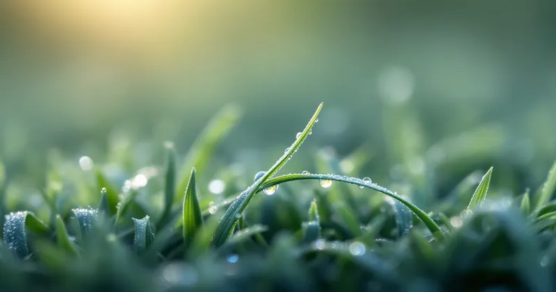 Morning dew beaded on a single blade of grass (illustration)
