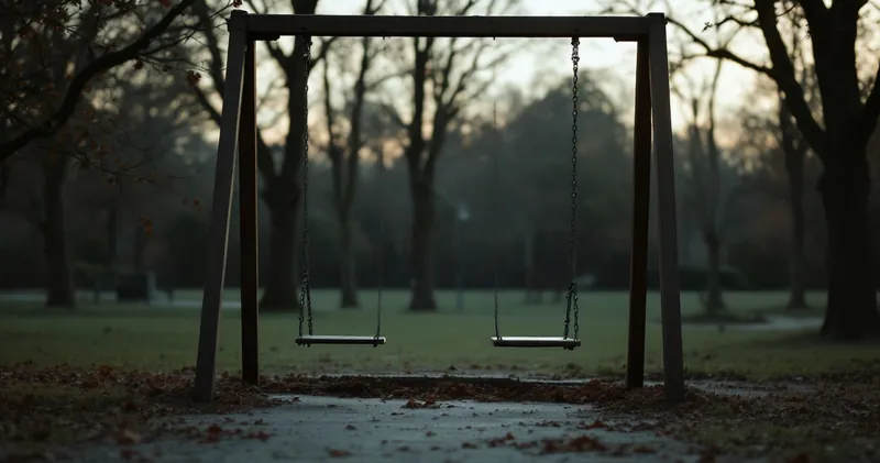 An empty swing frame in a quiet park at dusk (illustration)