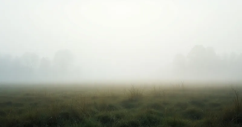 Soft dawn mist over an open grass field with distant trees (illustration)